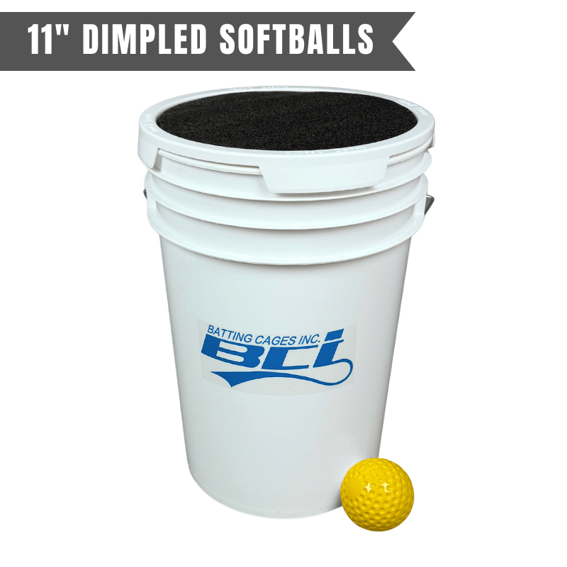 Bucket of 24 Pitching Machine Softballs – 6 Gallon with Foam Seat Lid Dimpled 11in Softballs