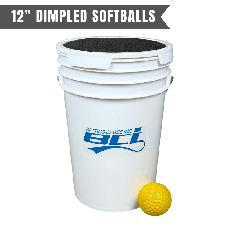 Bucket of 24 Pitching Machine Softballs – 6 Gallon with Foam Seat Lid Dimpled 12in Softballs