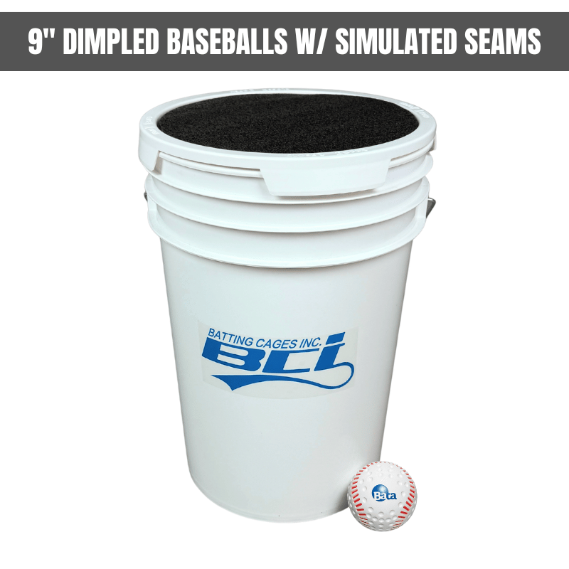 Bucket of 36 Pitching Machine Baseballs– 6 Gallon with Foam Seat Lid Dimpled Baseballs w/ Simulated Seams