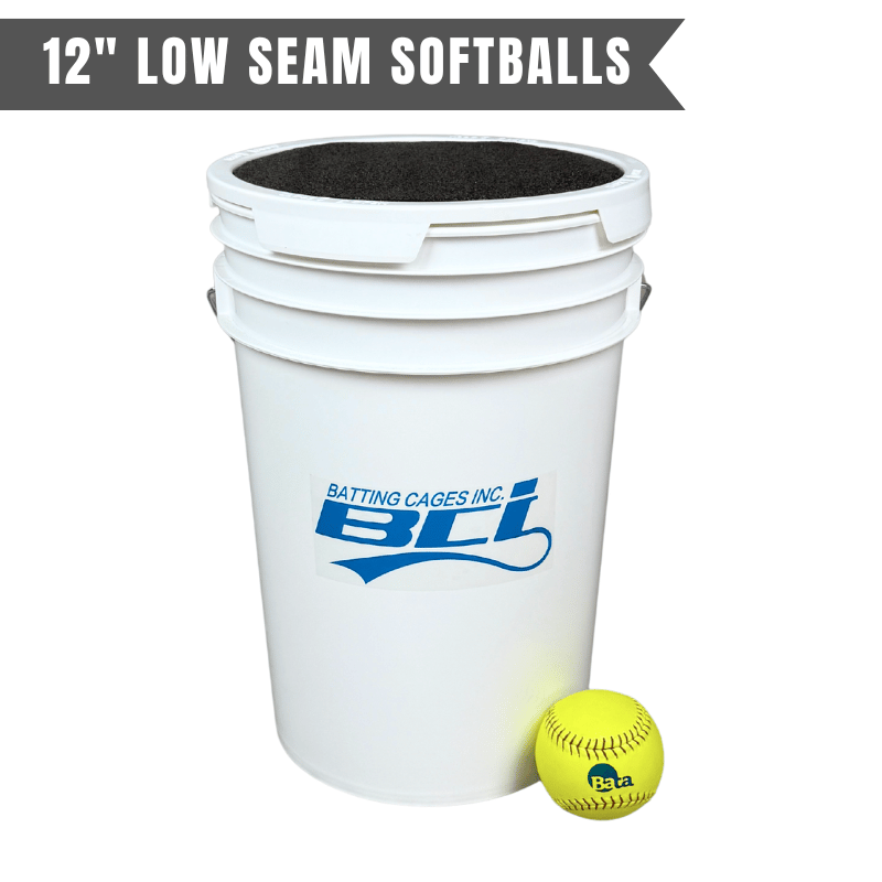Bucket of 24 Pitching Machine Softballs – 6 Gallon with Foam Seat Lid Low Seam Softballs