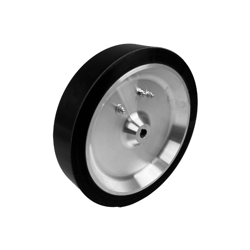 The Mound Yeti Pitching Machine Wheel by Batting Cages Inc features a metallic, circular design with a central hole, three smaller holes, and a black outer edge—ideal as a replacement wheel for your pitching machine.