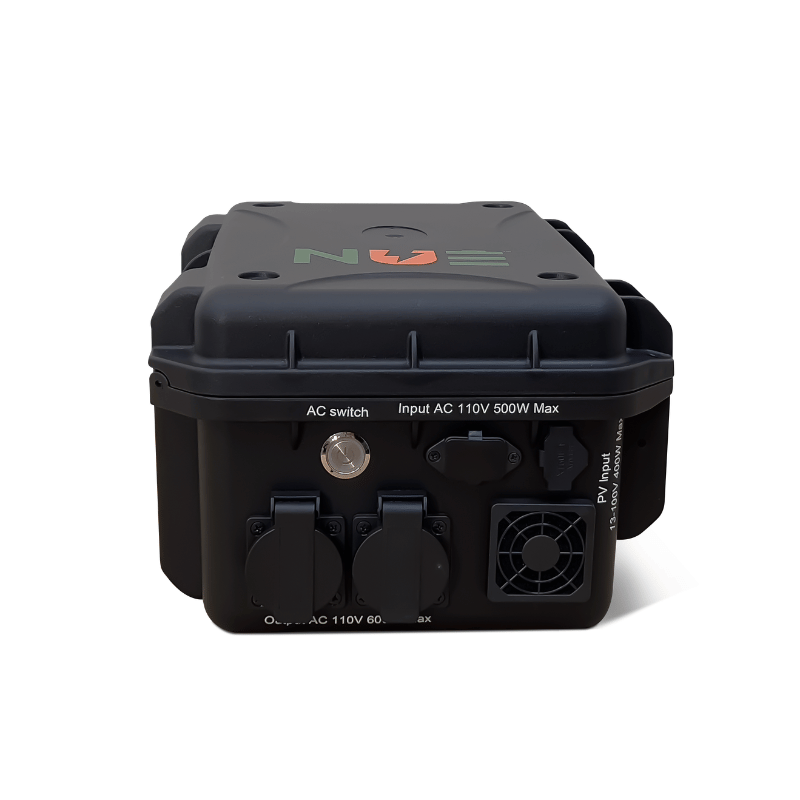 A black hard-shell case with latches, handle, and "Batting Cages Inc" logo in green and orange—ideal for carrying your NUE Suncase 605 Portable Battery or pitching machine securely.