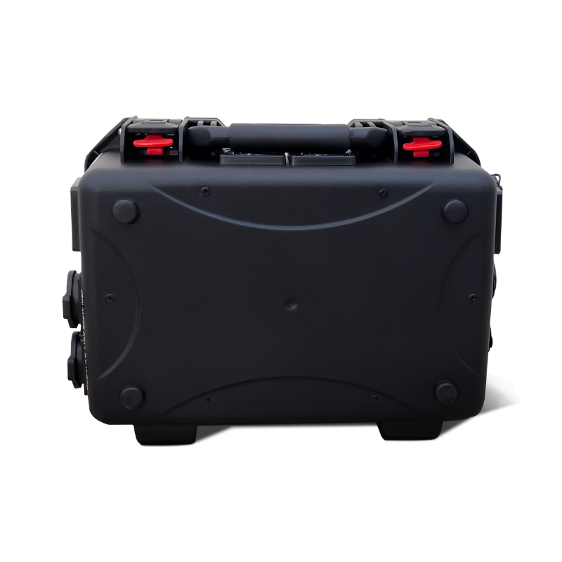A black hard-shell case with latches, handle, and "Batting Cages Inc" logo in green and orange—ideal for carrying your NUE Suncase 605 Portable Battery or pitching machine securely.