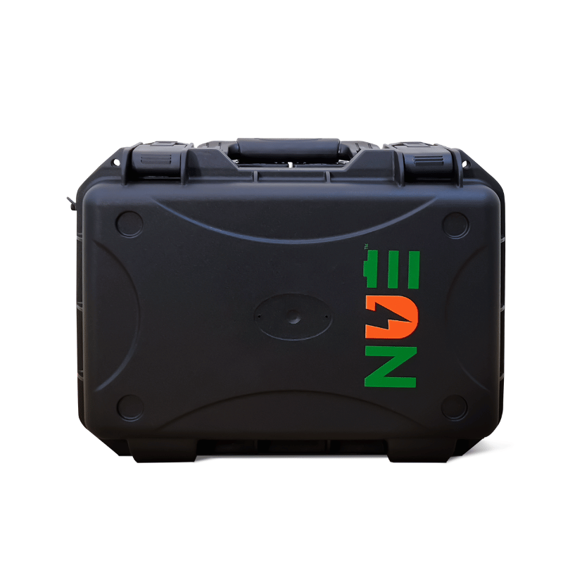 A black hard-shell case with latches, handle, and "Batting Cages Inc" logo in green and orange—ideal for carrying your NUE Suncase 605 Portable Battery or pitching machine securely.