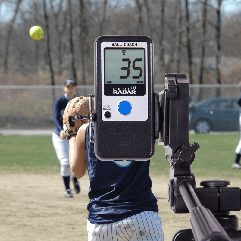 Pocket Radar Ball Coach tracking speed of softball players