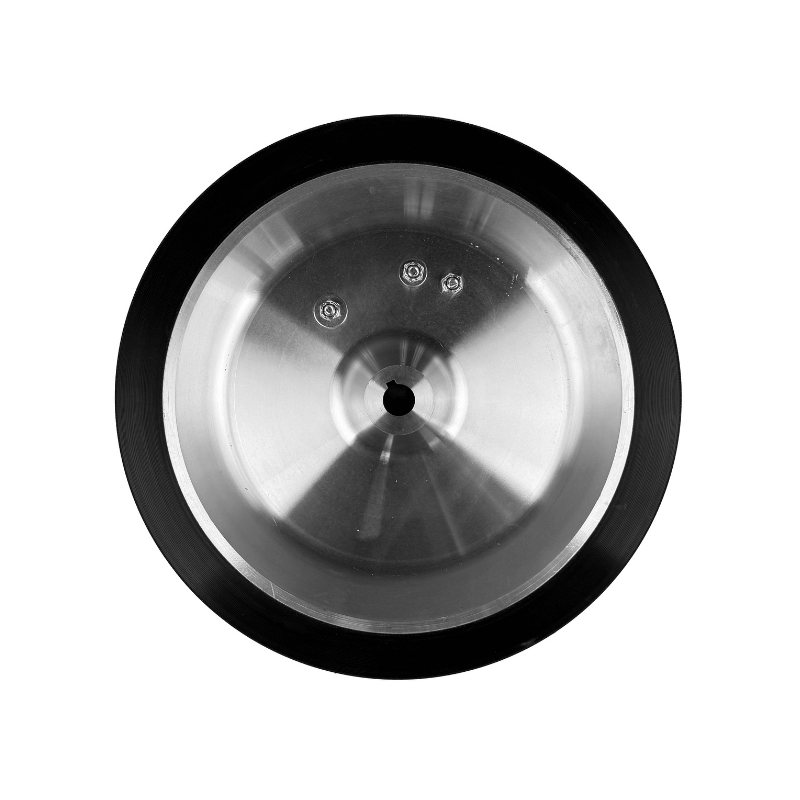 The Mound Yeti Pitching Machine Wheel by Batting Cages Inc features a metallic, circular design with a central hole, three smaller holes, and a black outer edge—ideal as a replacement wheel for your pitching machine.