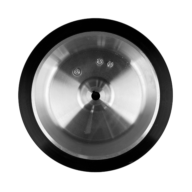 The Mound Yeti Pitching Machine Wheel by Batting Cages Inc features a metallic, circular design with a central hole, three smaller holes, and a black outer edge—ideal as a replacement wheel for your pitching machine.