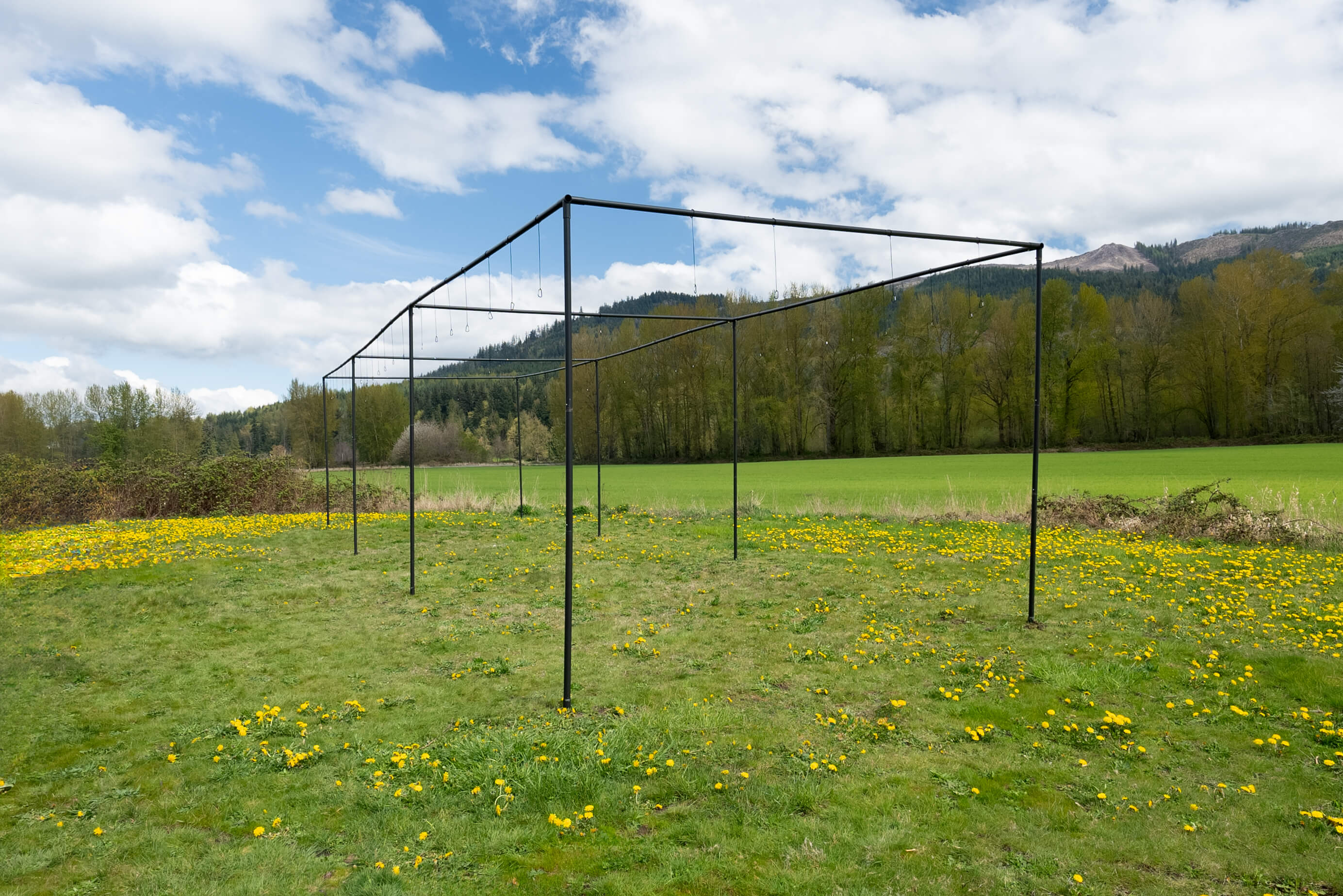 Thumper batting cage frame kit with grass, trees, hills, and blue skies