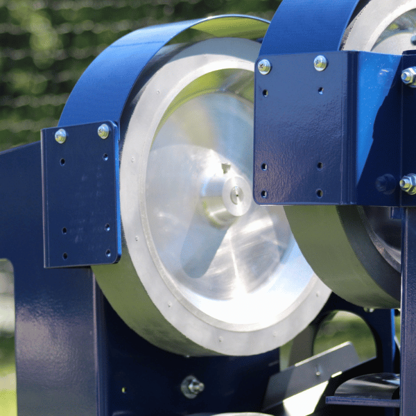 Bata 2 pitch 3 pitching machine close up of top wheel