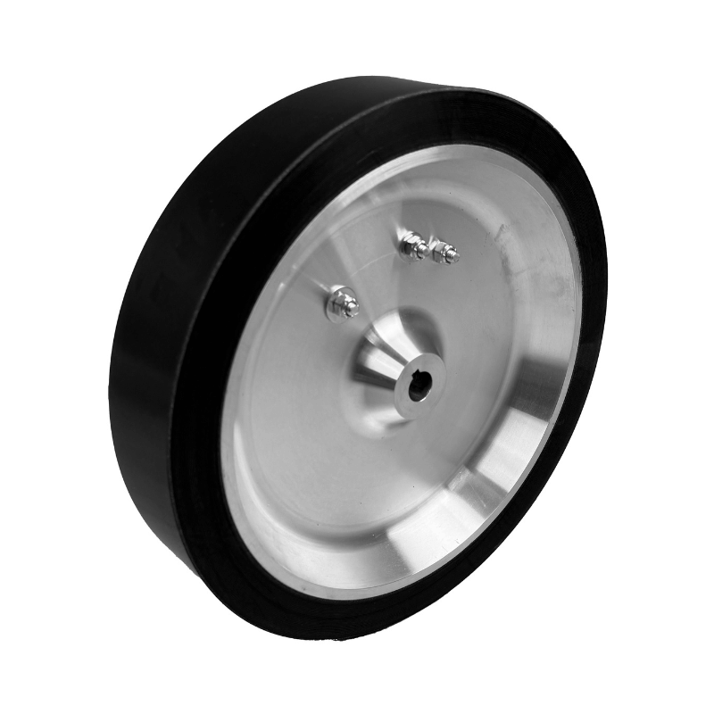 The Mound Yeti Pitching Machine Wheel by Batting Cages Inc features a metallic, circular design with a central hole, three smaller holes, and a black outer edge—ideal as a replacement wheel for your pitching machine.