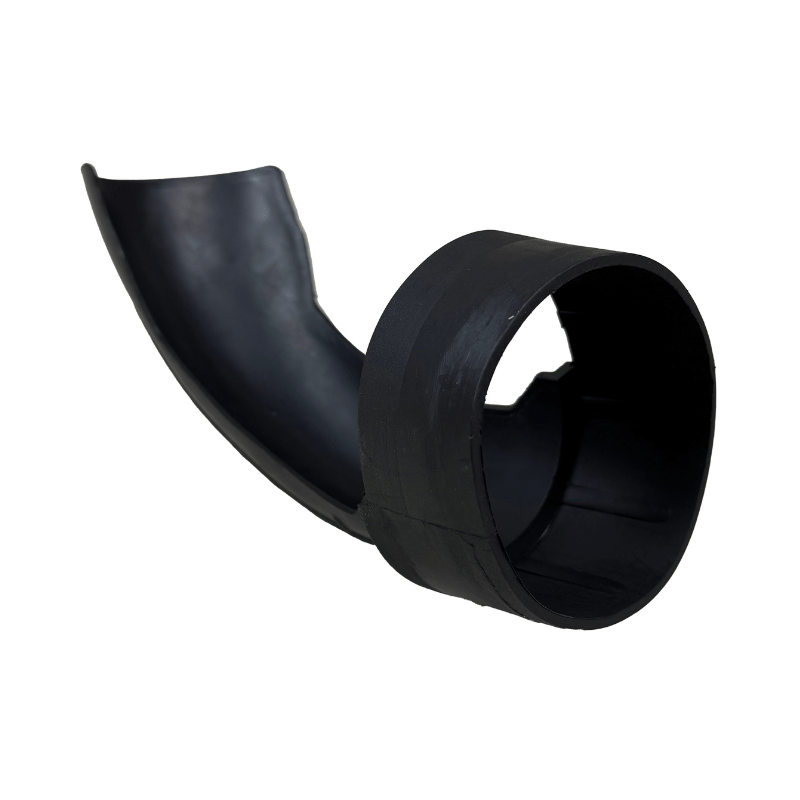Two black, curved plastic Mound Yeti Feed Chute Set fittings by Batting Cages Inc, each with flanged bases, are shown parallel on a white background—perfect as replacement parts for Mound Yeti pitching machines.