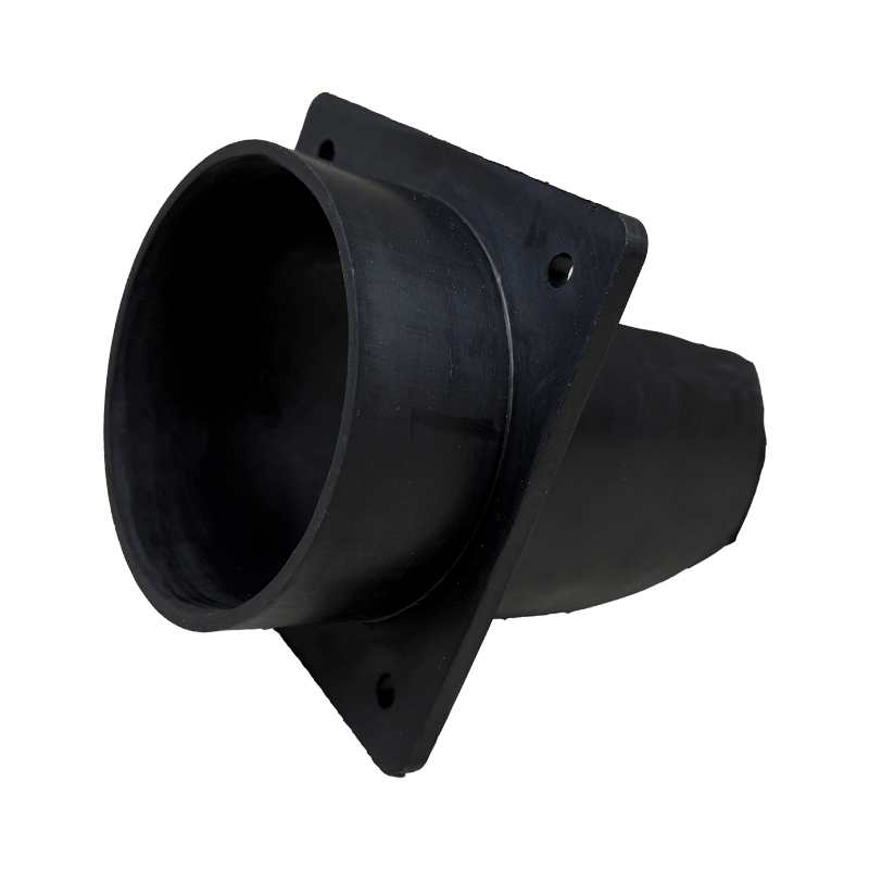 Two black, curved plastic Mound Yeti Feed Chute Set fittings by Batting Cages Inc, each with flanged bases, are shown parallel on a white background—perfect as replacement parts for Mound Yeti pitching machines.