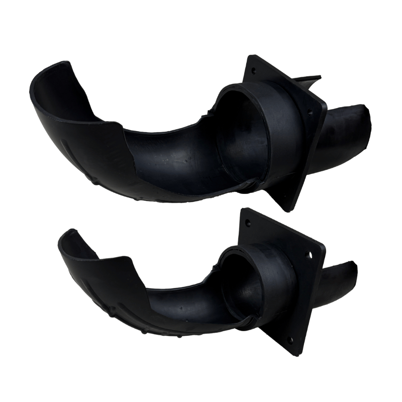 Two black, curved plastic Mound Yeti Feed Chute Set fittings by Batting Cages Inc, each with flanged bases, are shown parallel on a white background—perfect as replacement parts for Mound Yeti pitching machines.