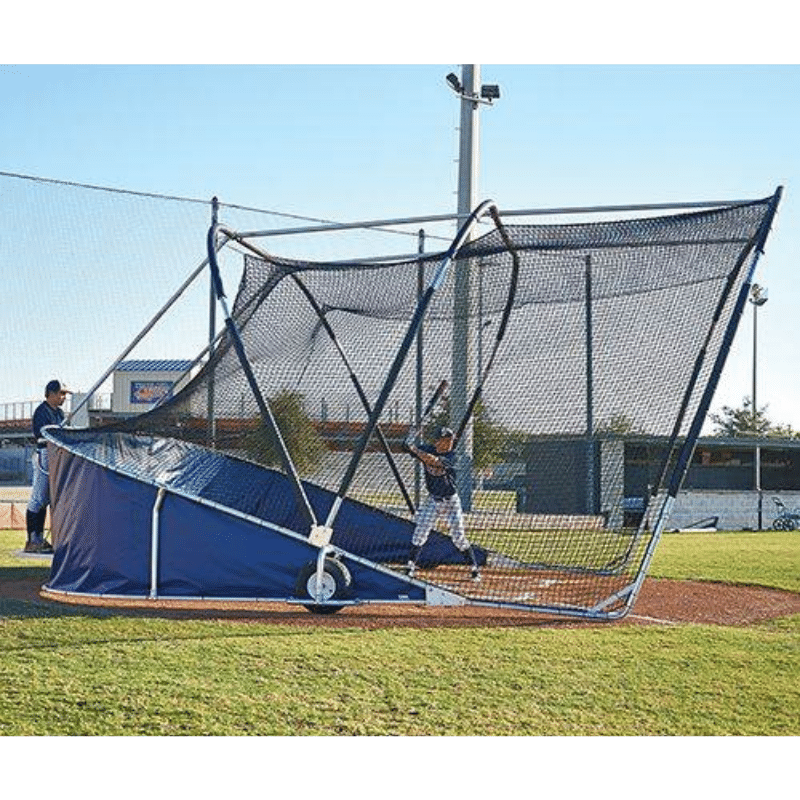 The Bubba Elite Batting Cage with batter hitting baseballs